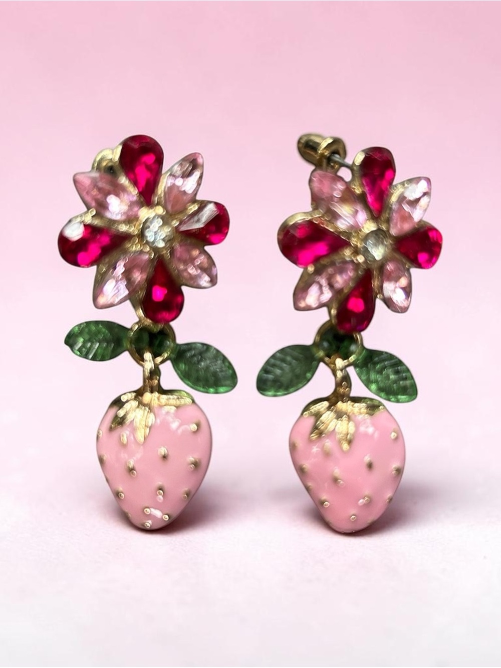 Pink & Green Strawberry Flower Drop Earrings Golden Plated NWT - Picture 5 of 5
